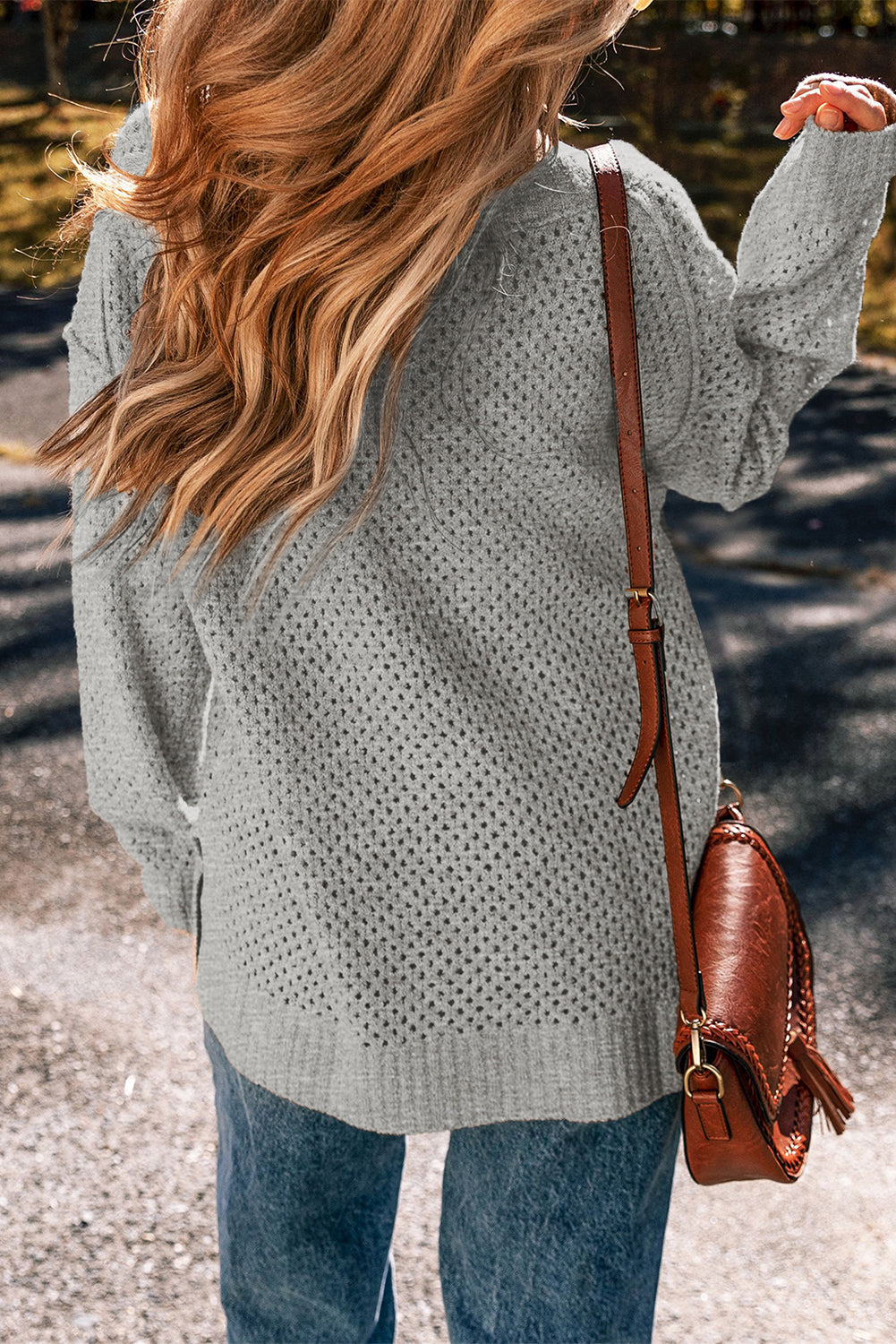 Light Grey Loose Eyelet V Neck Drop Shoulder Sweater-Chaelisa's New Jammies