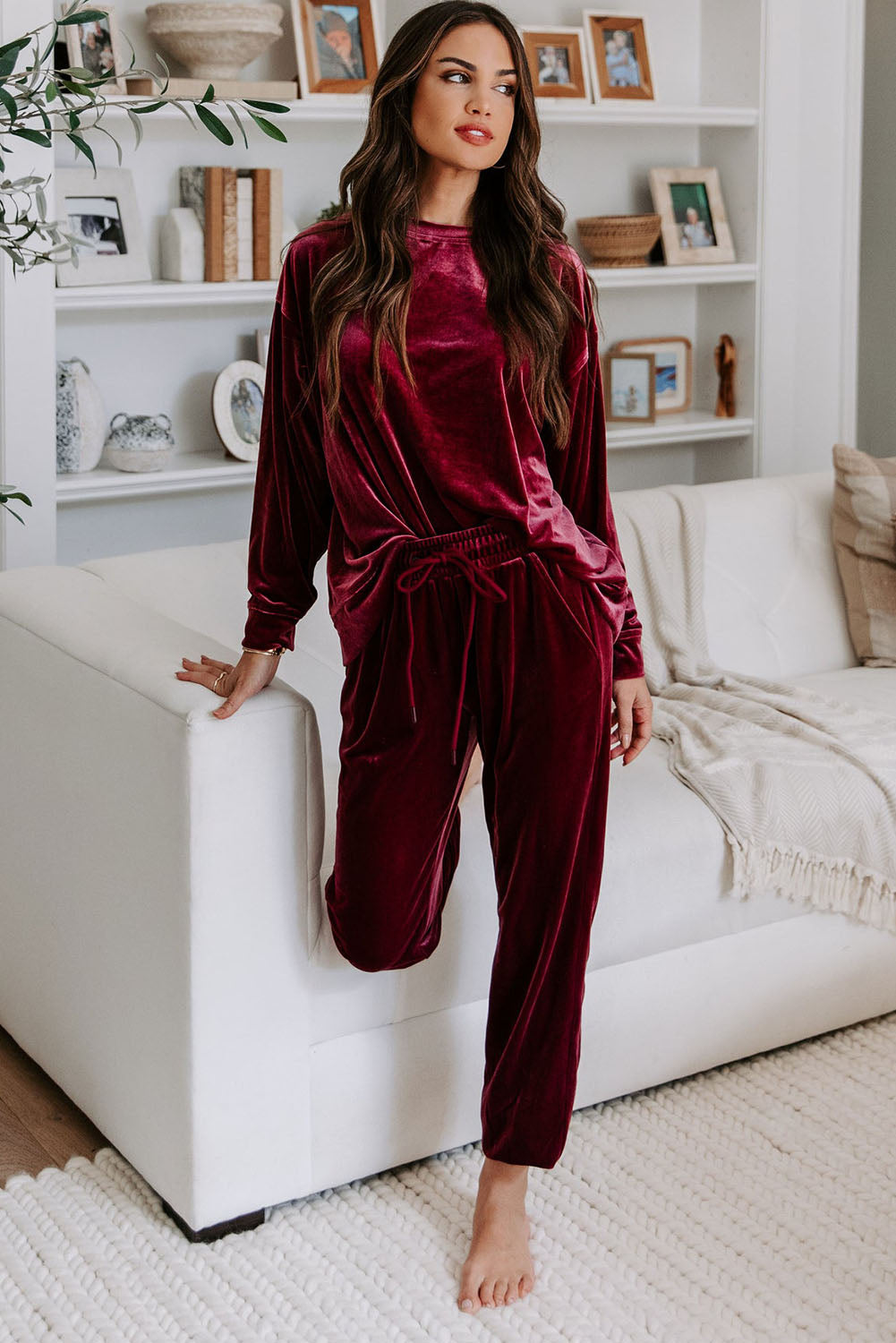 Fiery Red Solid Velvet Two Piece Lounge Set-Chaelisa's New Jammies