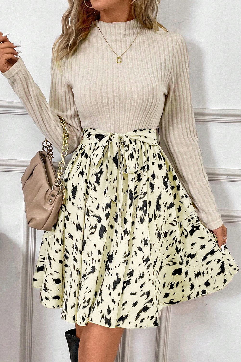 Beige Ribbed Knit Patchwork Printed Belted A-line Dress-Chaelisa's New Jammies