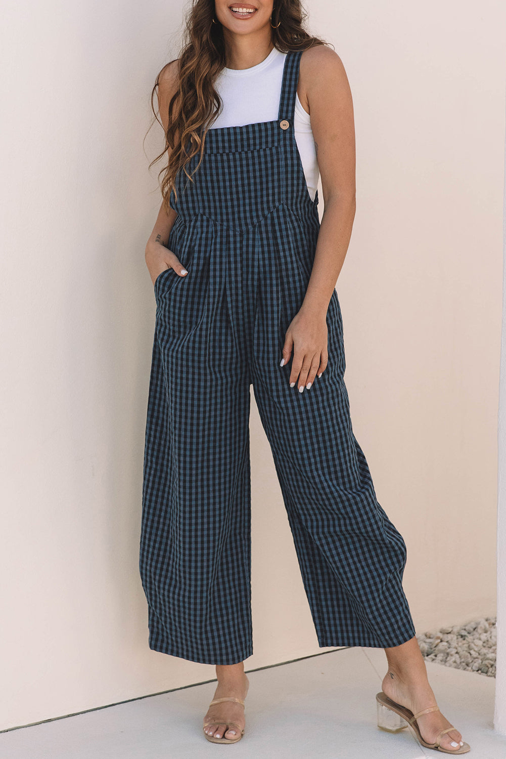 Sail Blue Plaid Print Buttoned Pocketed High Waist Overall-Chaelisa's New Jammies