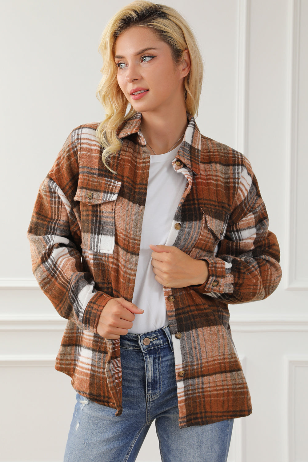 Brown Plaid Flap Pockets Shacket-Chaelisa's New Jammies