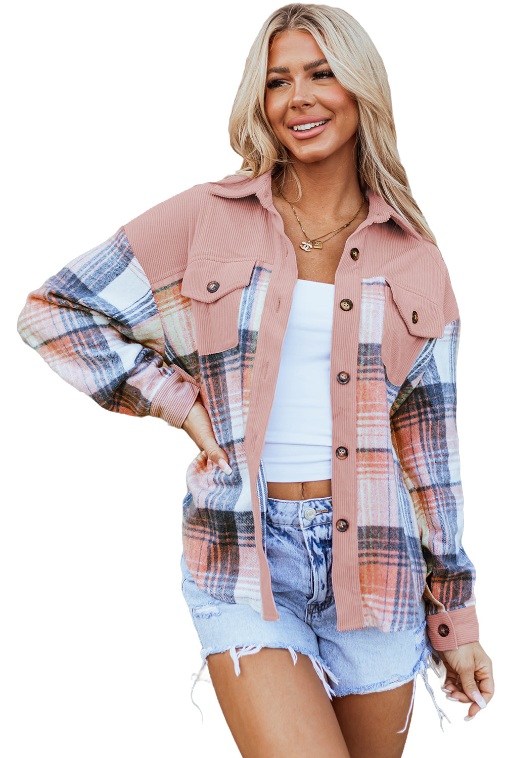 Light Pink Plaid Corduroy Patchwork Pocket Loose Shacket-Chaelisa's New Jammies
