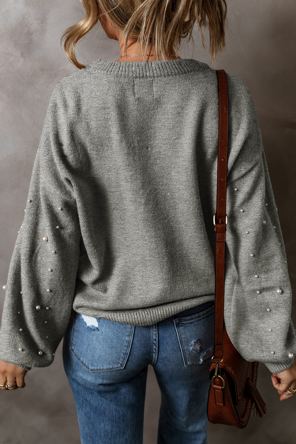 Light Grey Pearled Drop Shoulder Round Neck Sweater-Chaelisa's New Jammies
