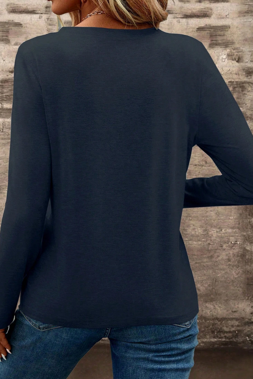 Dirty blue Notch V Neck Pocket Patched Long Sleeve T Shirt-Chaelisa's New Jammies