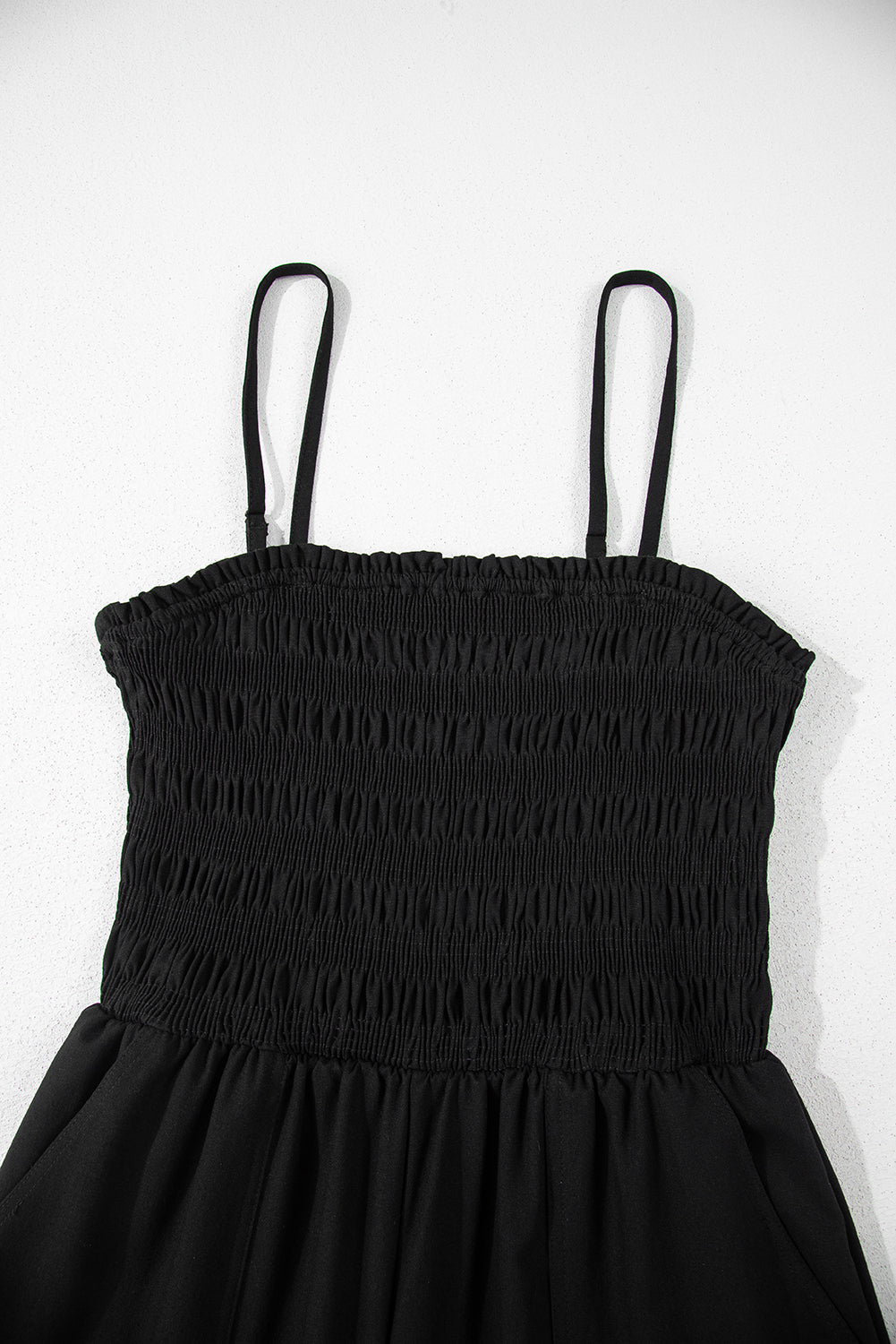 Black Spaghetti Straps Shirred Bodice Pocketed Wide Leg Jumpsuit-Chaelisa's New Jammies