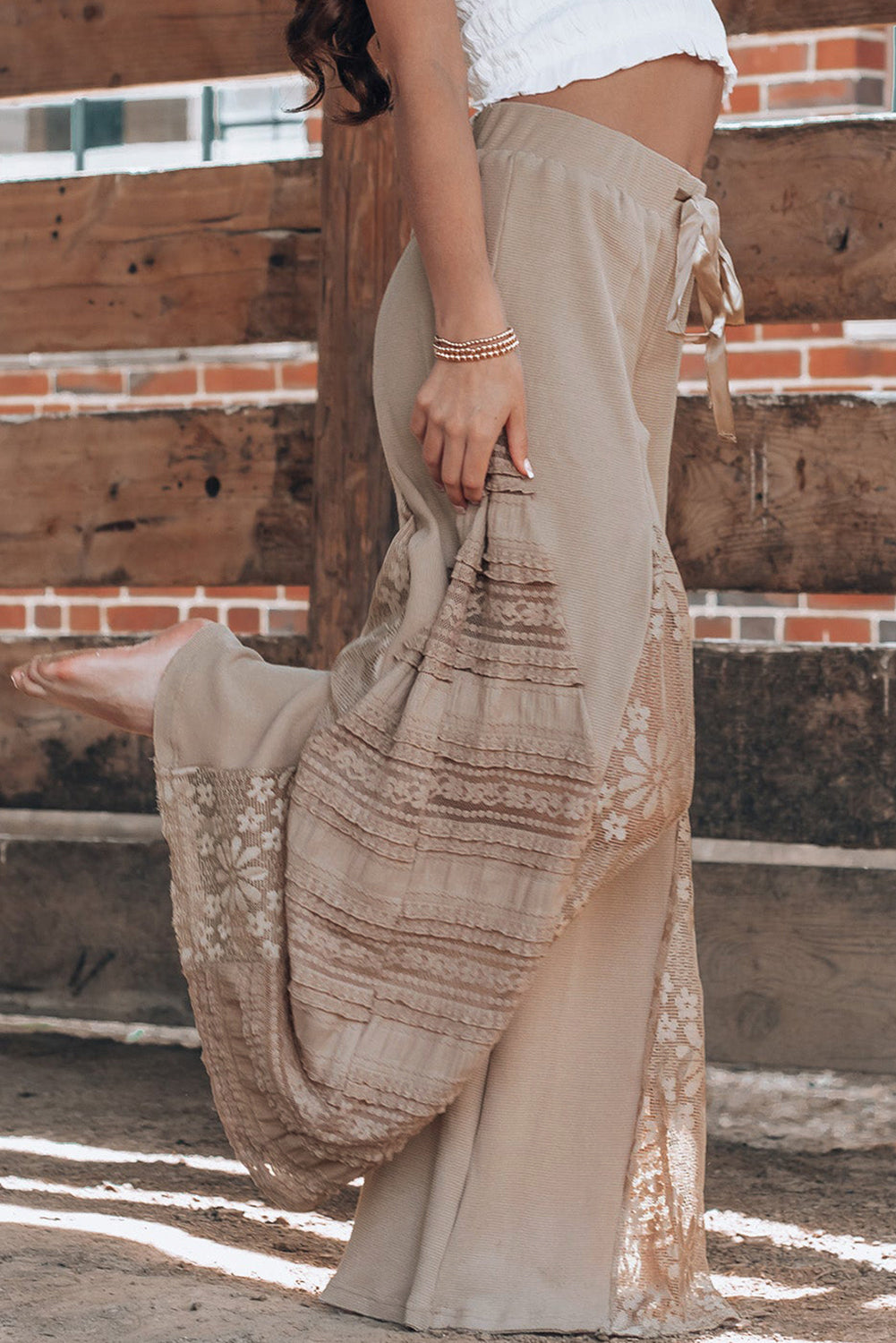 Smoke Gray Boho Lace Patchwork Wide Leg High Waist Pants-Chaelisa's New Jammies