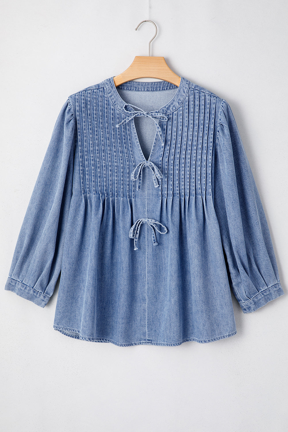 Myosotis Denim Front Pintuck Bow Tie Puff Sleeve Top-Chaelisa's New Jammies