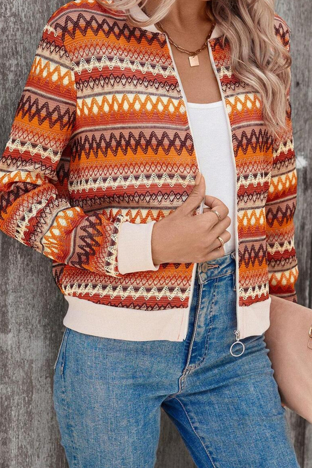 Orange Boho Striped Zip Up Long Sleeve Jacket-Chaelisa's New Jammies