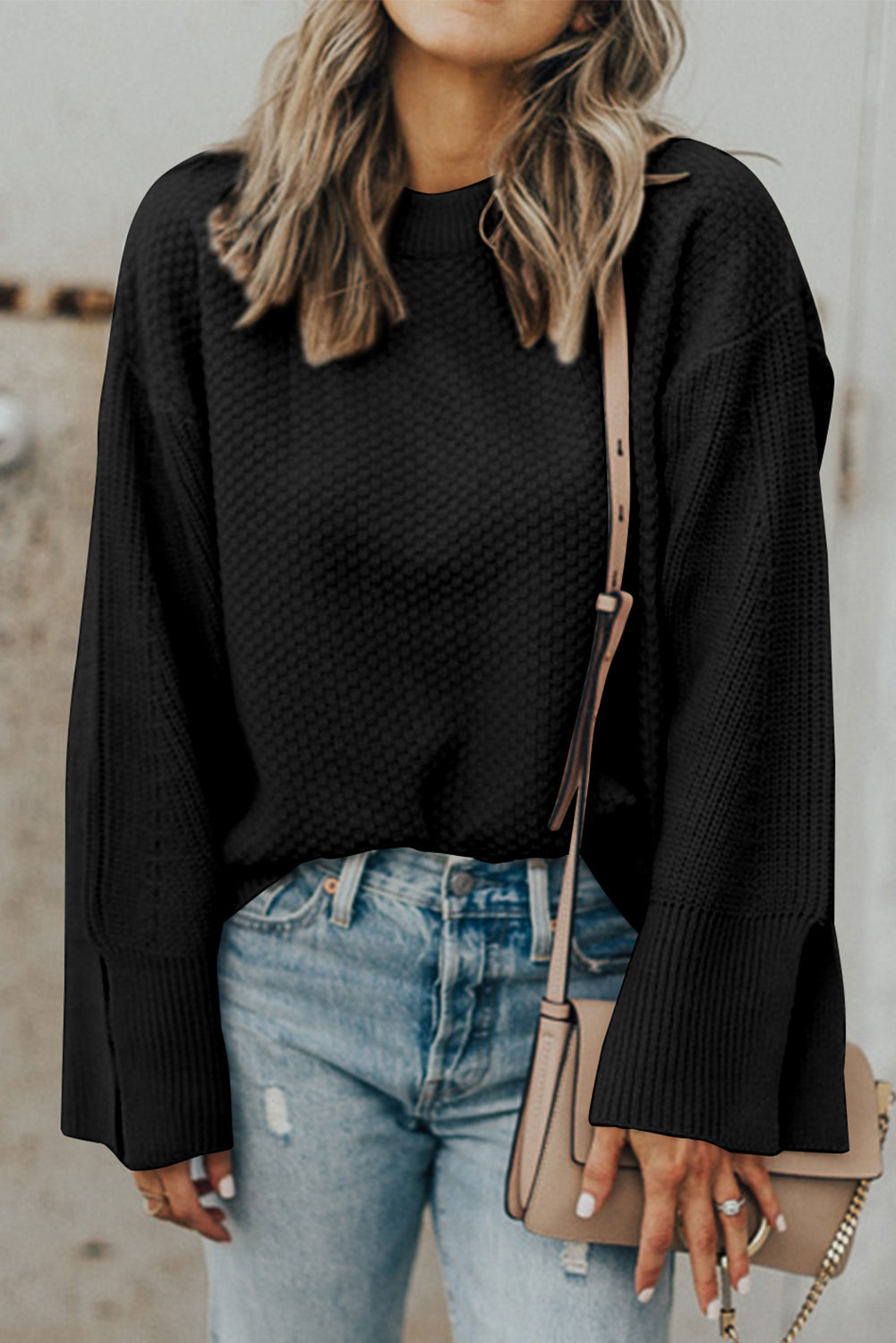 Parchment Solid Textured Knit Split Cuff Drop Shoulder Sweater-Chaelisa's New Jammies