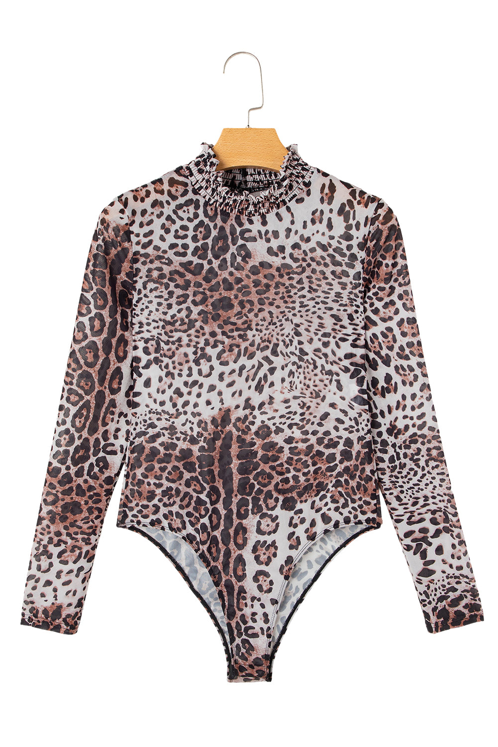 Brown Leopard Smocked Neck Mesh Long Sleeve Bodysuit-Chaelisa's New Jammies