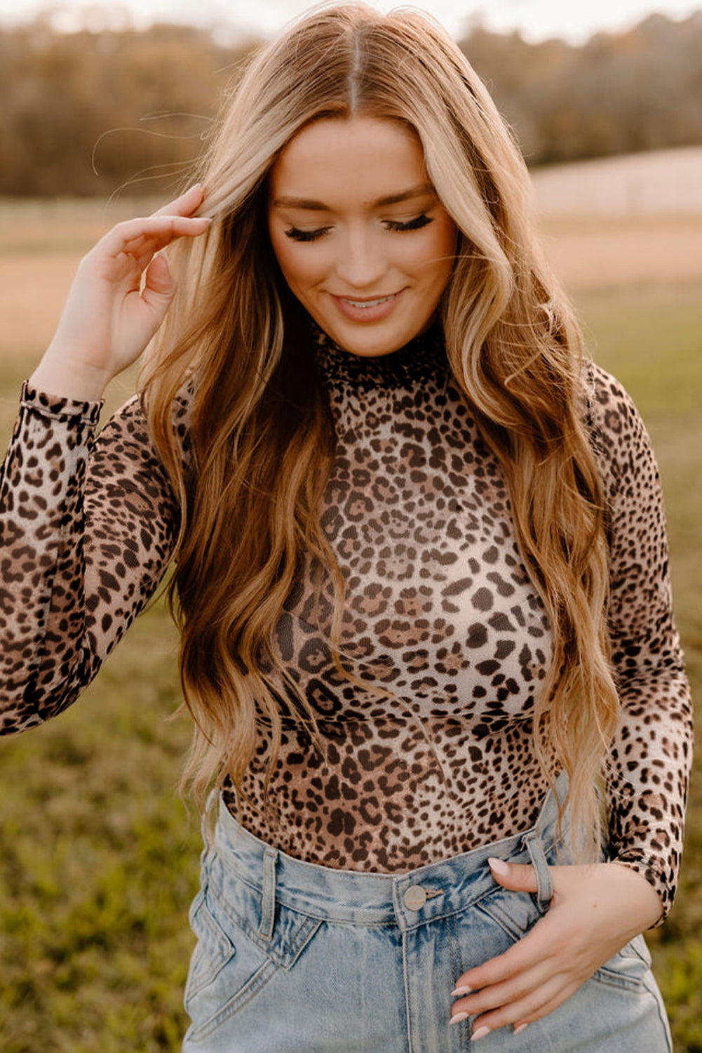 Brown Leopard Smocked Neck Mesh Long Sleeve Bodysuit-Chaelisa's New Jammies