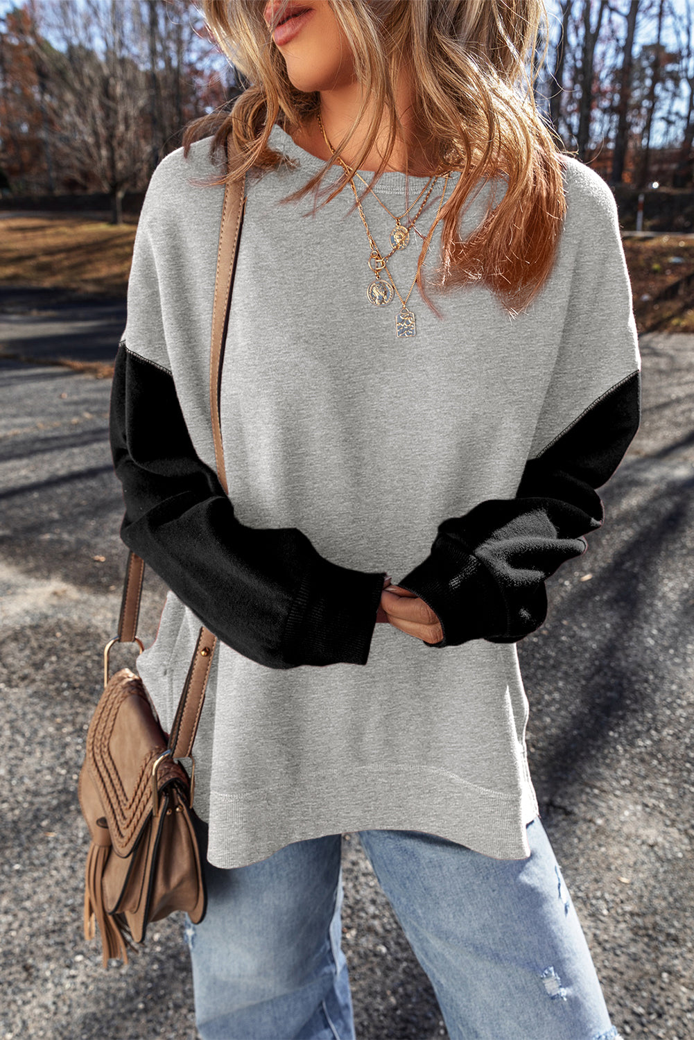 Gray Two Tone Patchwork Drop Shoulder Pullover Sweatshirt-Chaelisa's New Jammies