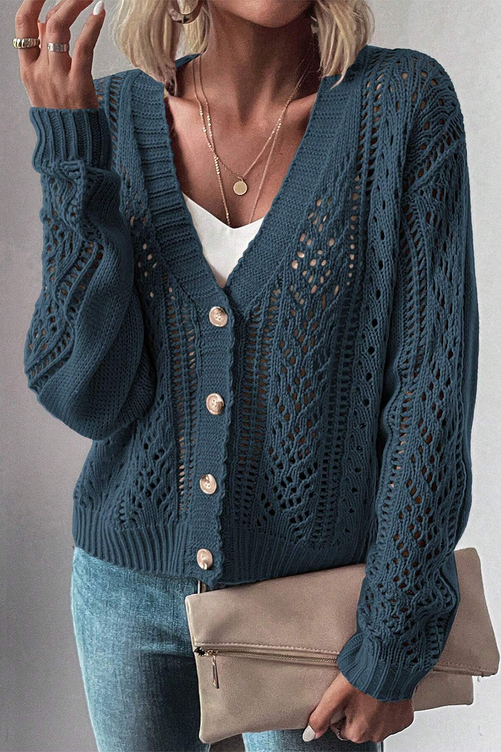Dark Khaki Hollow Knit Drop Shoulder Cardigan-Chaelisa's New Jammies