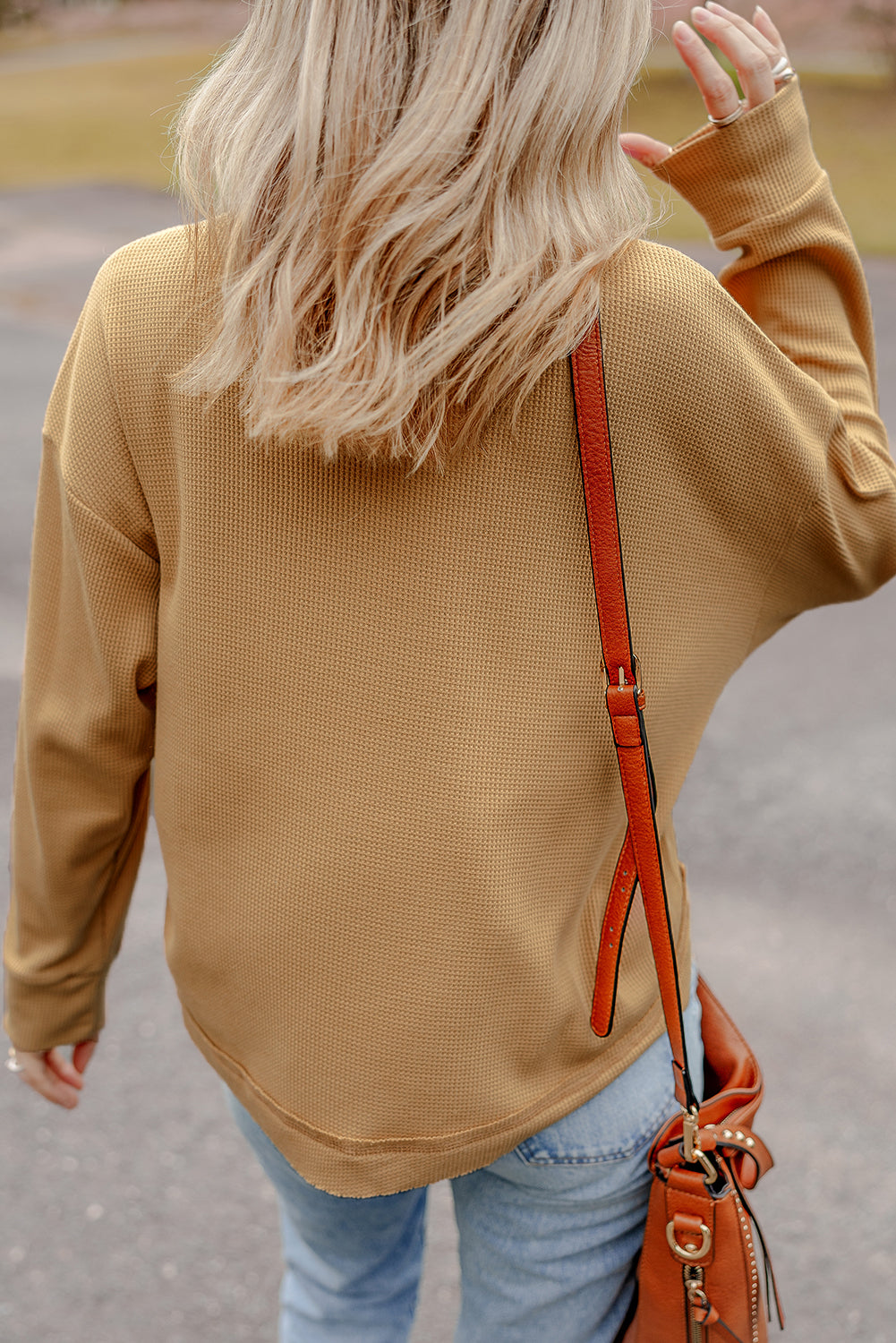 Camel Textured Knit Half Button Drop Shoulder Oversized Top-Chaelisa's New Jammies