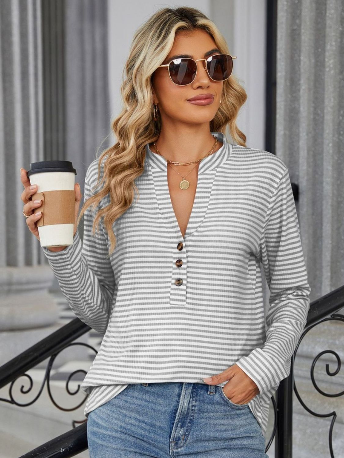 Striped Notched Long Sleeve T-Shirt-Chaelisa's New Jammies