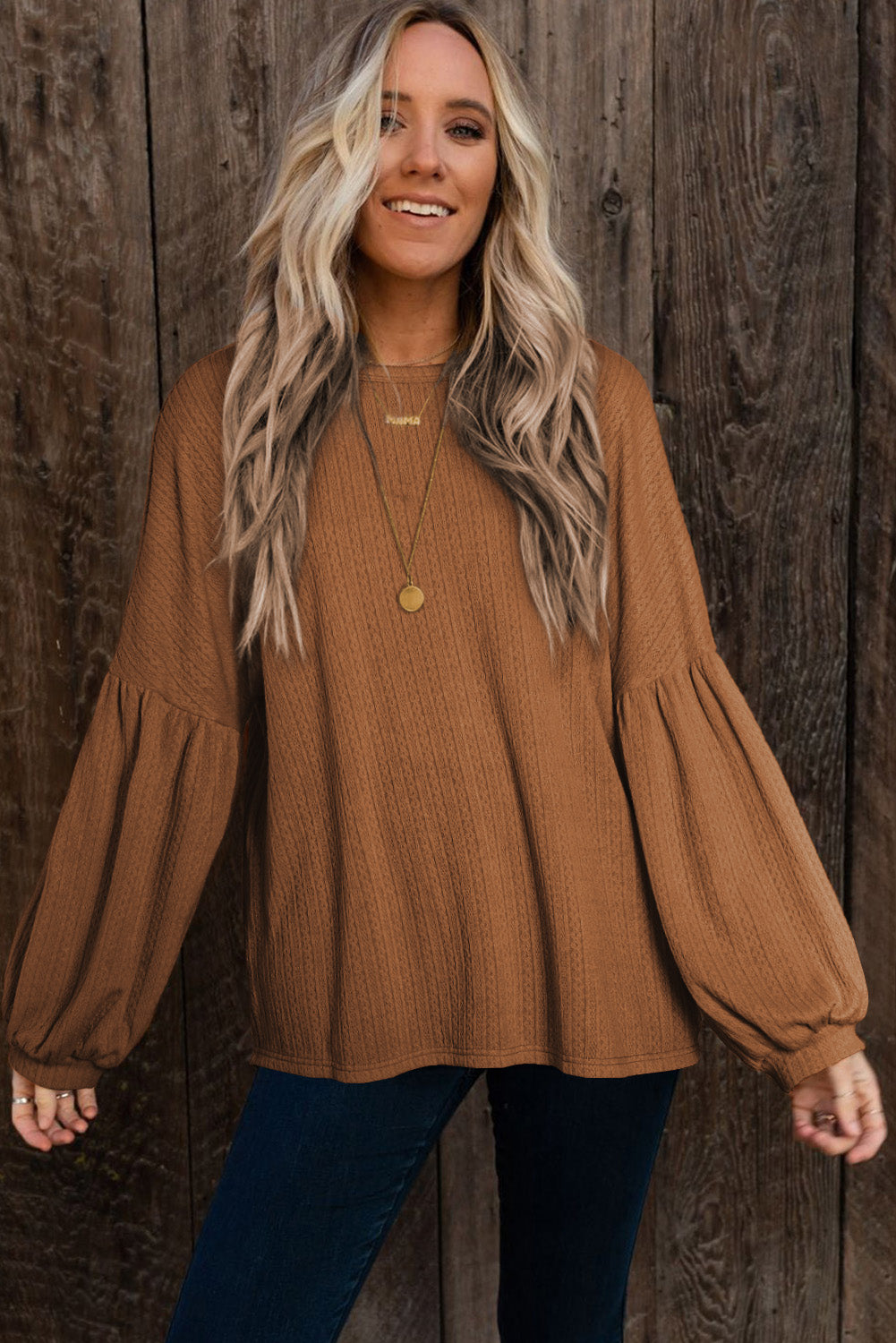 Faux Knit Jacquard Puffy Long Sleeve Top-Chaelisa's New Jammies