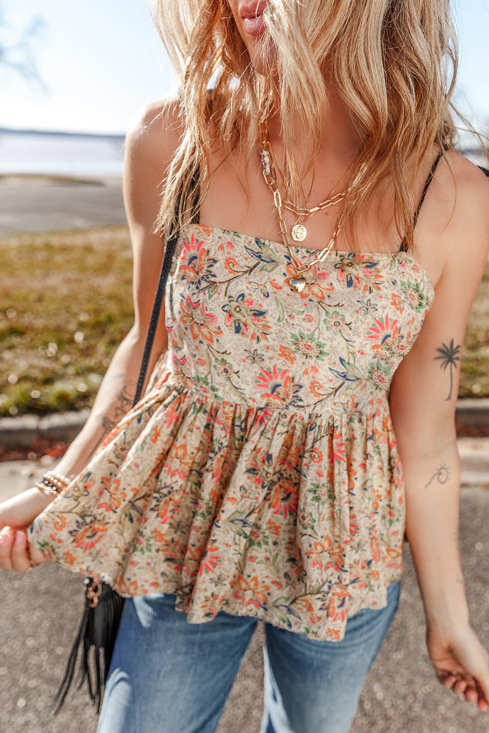 Apricot Floral Print Spaghetti Straps Ruffled Peplum Tank Top-Chaelisa's New Jammies