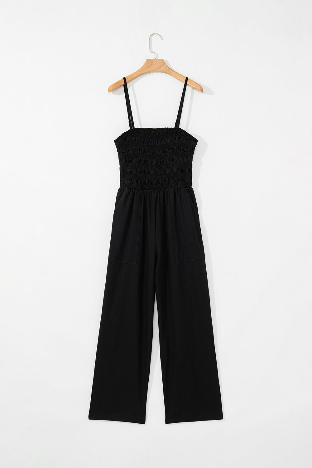 Black Spaghetti Straps Shirred Bodice Pocketed Wide Leg Jumpsuit-Chaelisa's New Jammies