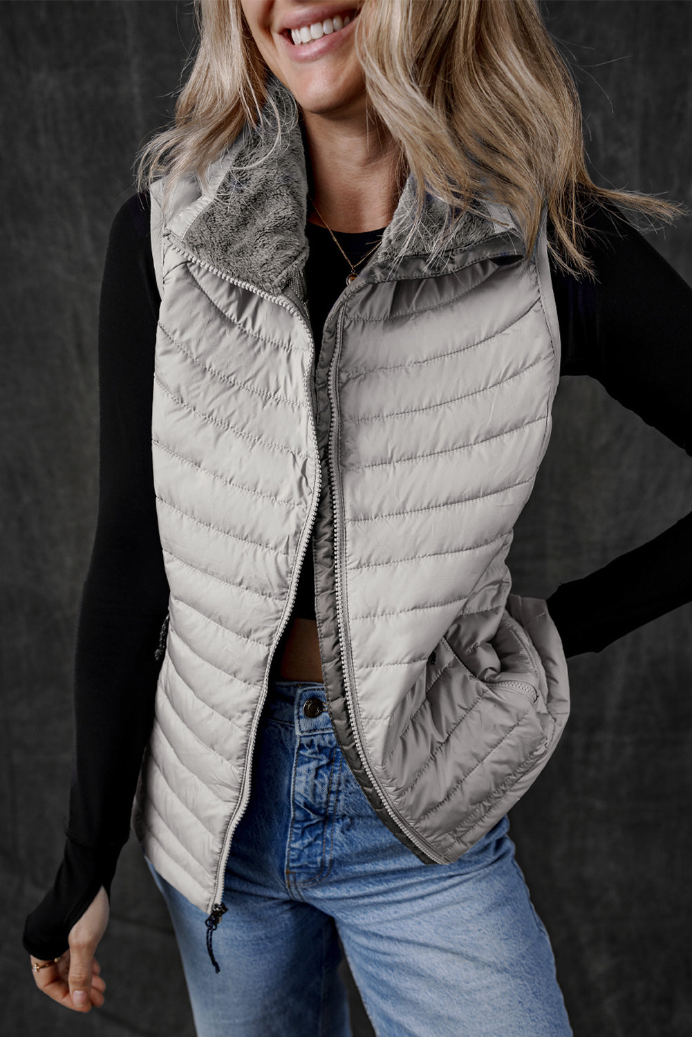 Silvery Plush Collared Quilted Zipped Puffer Vest-Chaelisa's New Jammies