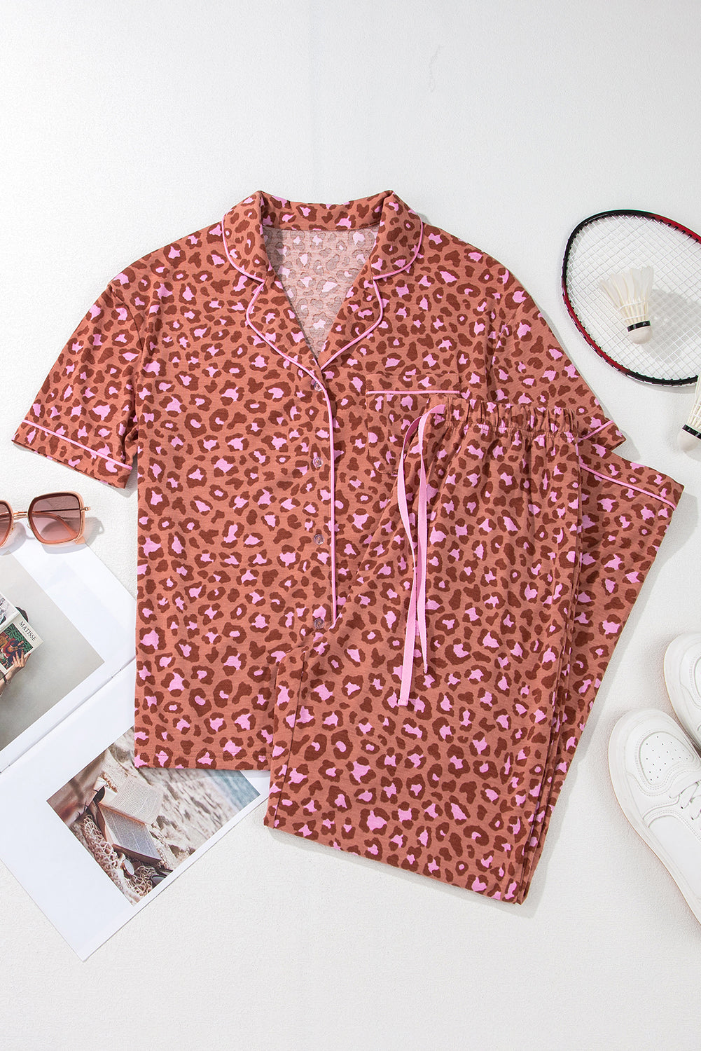 Brown Leopard Print Short Sleeve Shirt and Pants Pajamas Set-Chaelisa's New Jammies