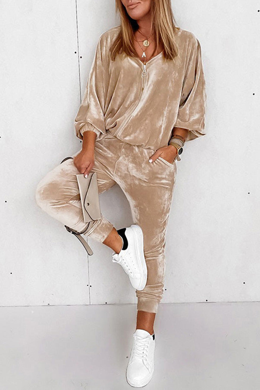 Parchment Velvet Zipped Top and Joggers Two Piece Set-Chaelisa's New Jammies