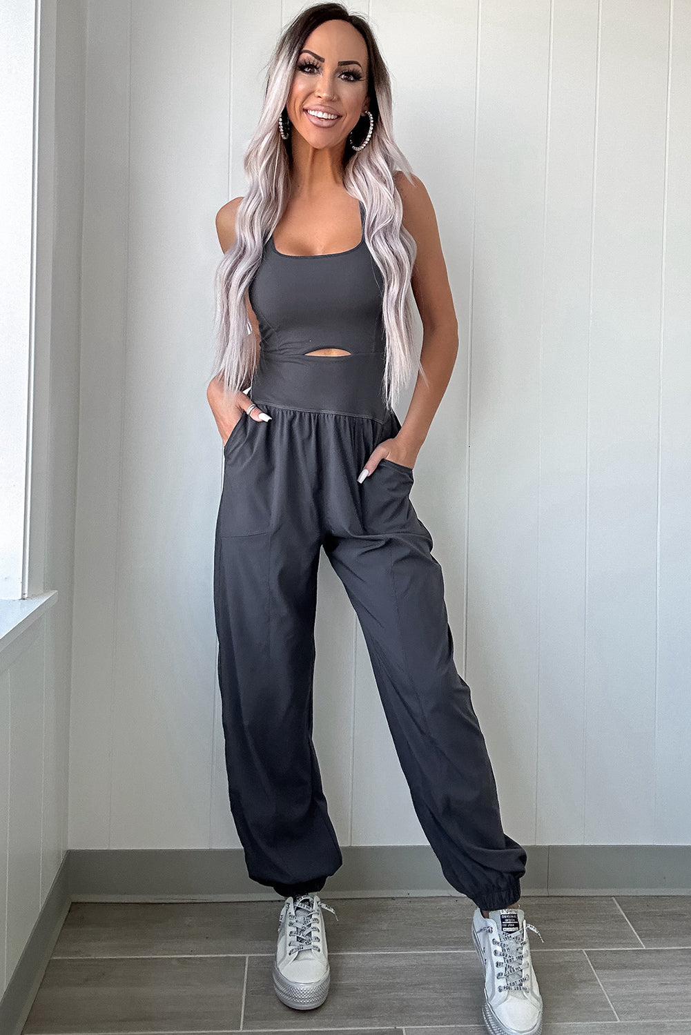 Carbon Grey Back Crossed Straps Hollow Out Jogger Jumpsuit-Chaelisa's New Jammies