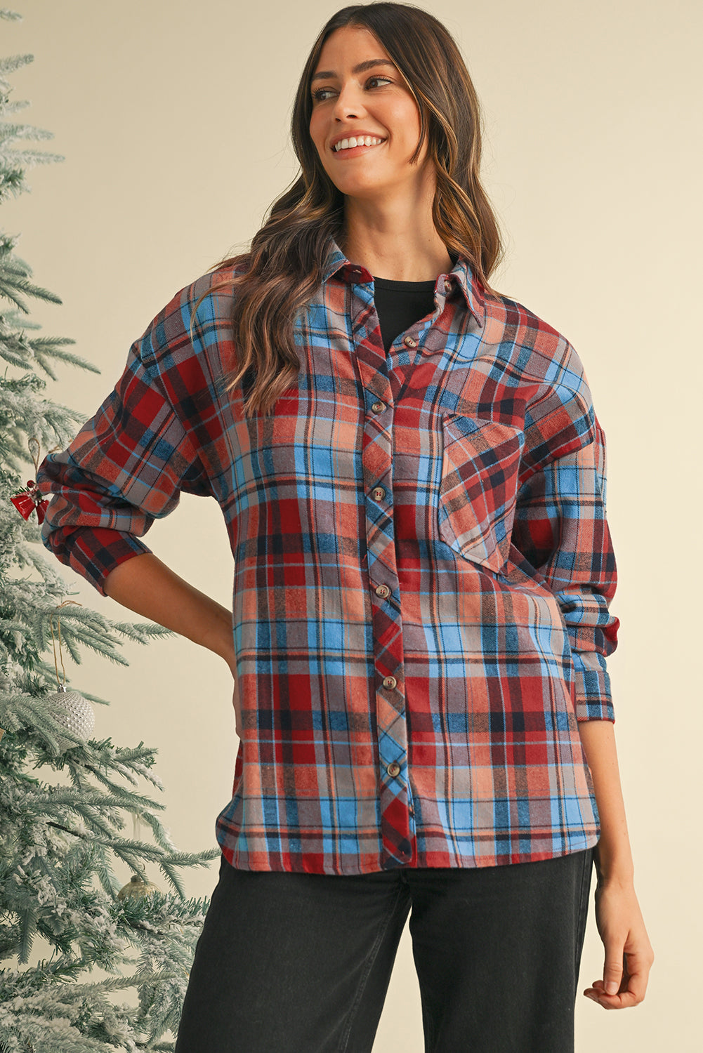 Red Plaid Print Drop Sleeve Loose Shirt-Chaelisa's New Jammies