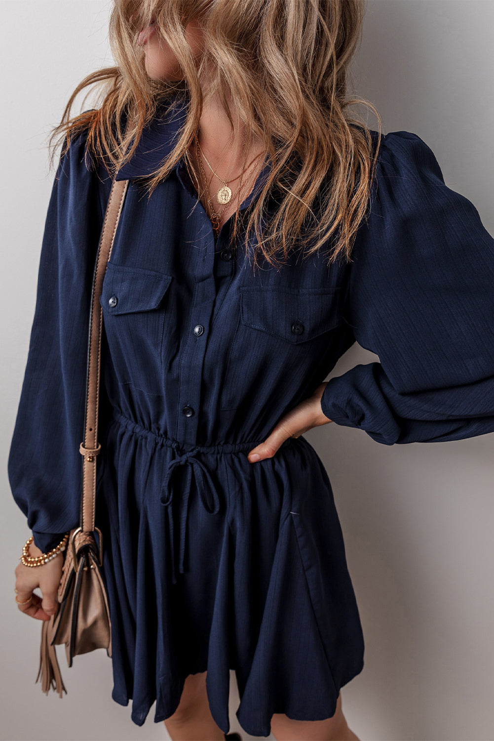 Navy Blue Solid Chest Pockets Tunic Shirt Mini Dress-Chaelisa's New Jammies