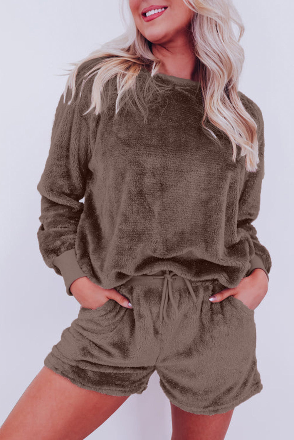 Coffee Solid Loose Fit Two Piece Fleece Lounge Set-Chaelisa's New Jammies