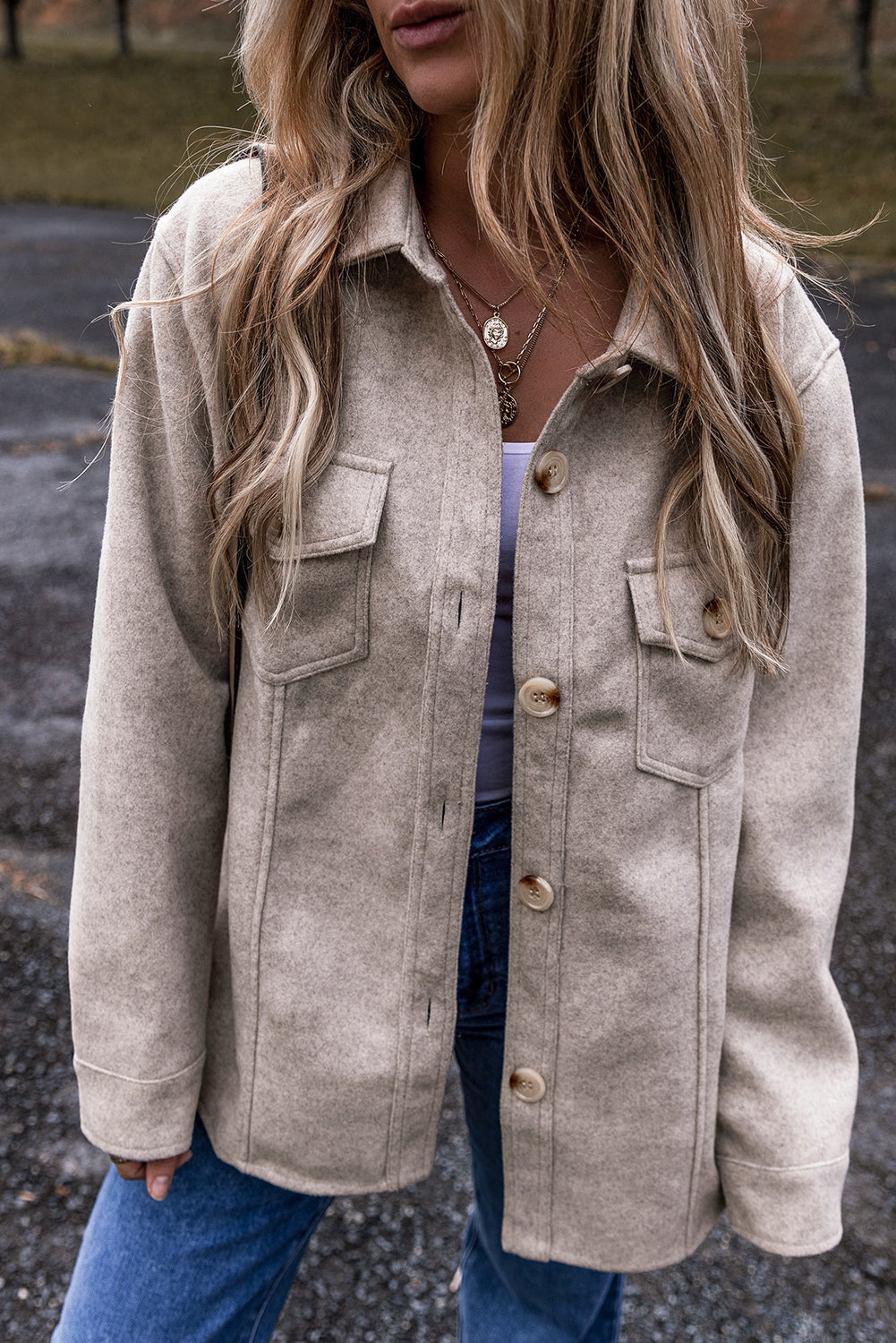Light Grey Turn Down Collar Flap Pockets Buttoned Shacket-Chaelisa's New Jammies