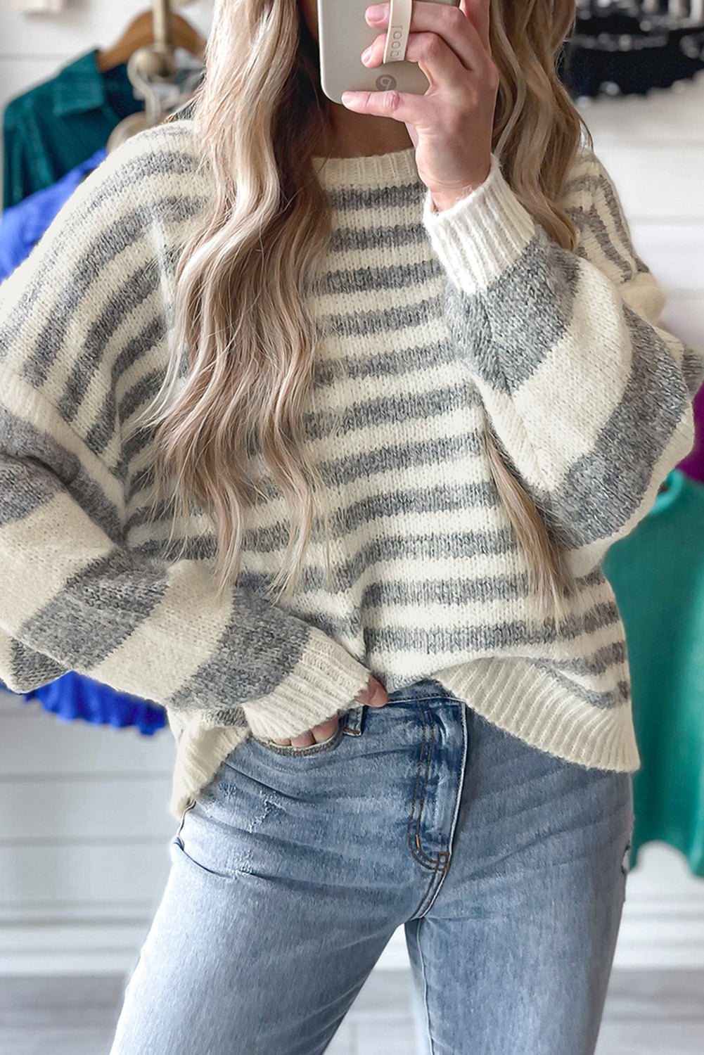 Gray Stripe Drop Shoulder Crew Neck Sweater-Chaelisa's New Jammies