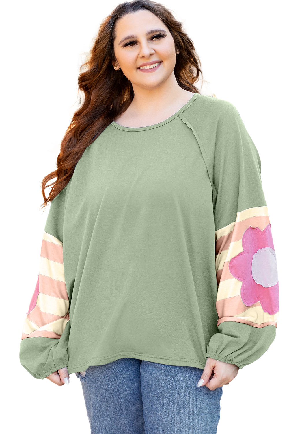 Smoke Green Flower Patchwork Raglan Sleeve Exposed Seam Oversized Top-Chaelisa's New Jammies