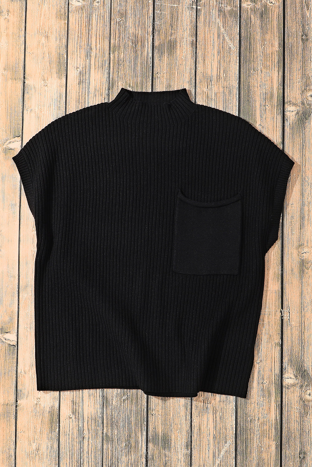 Black Patch Pocket Ribbed Knit Short Sleeve Sweater-Chaelisa's New Jammies