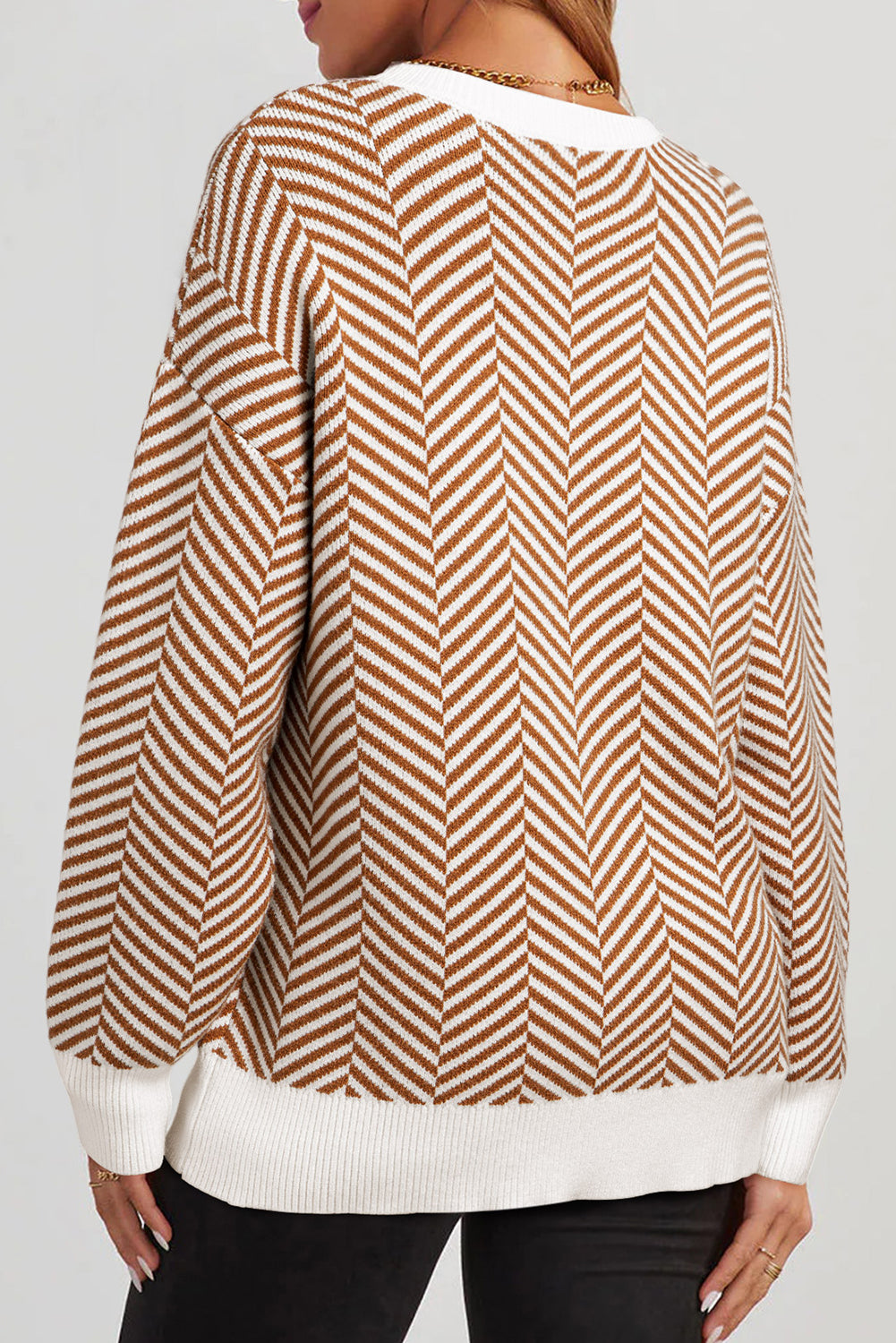 Coffee Contrast Edge Crew Neck Drop Shoulder Sweater-Chaelisa's New Jammies