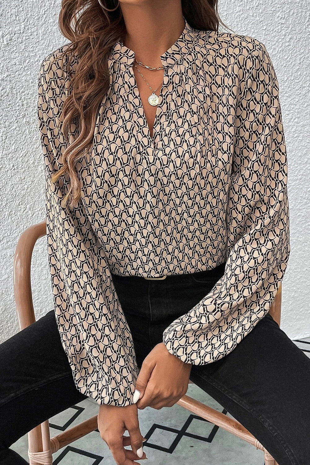 Khaki Geometric Print Notched Neck Puff Sleeve Blouse-Chaelisa's New Jammies