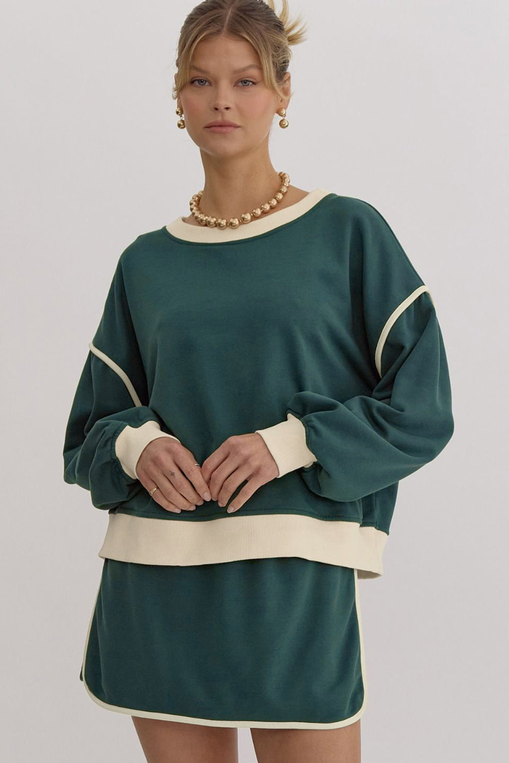 Evergreen Color Contrast Loose Pullover and Lace-up Waist Skort Set-Chaelisa's New Jammies