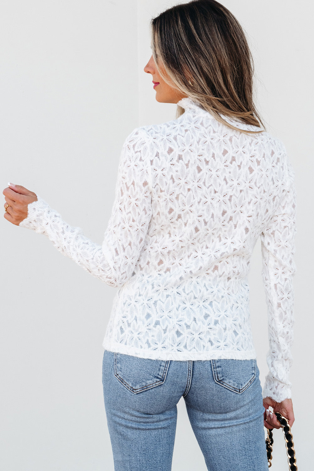White Flower Lace Mock Neck Long Sleeve Top
