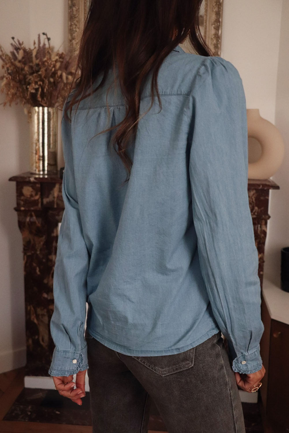 Dusk Blue Turn-down Collar Chambray Shirt-Chaelisa's New Jammies