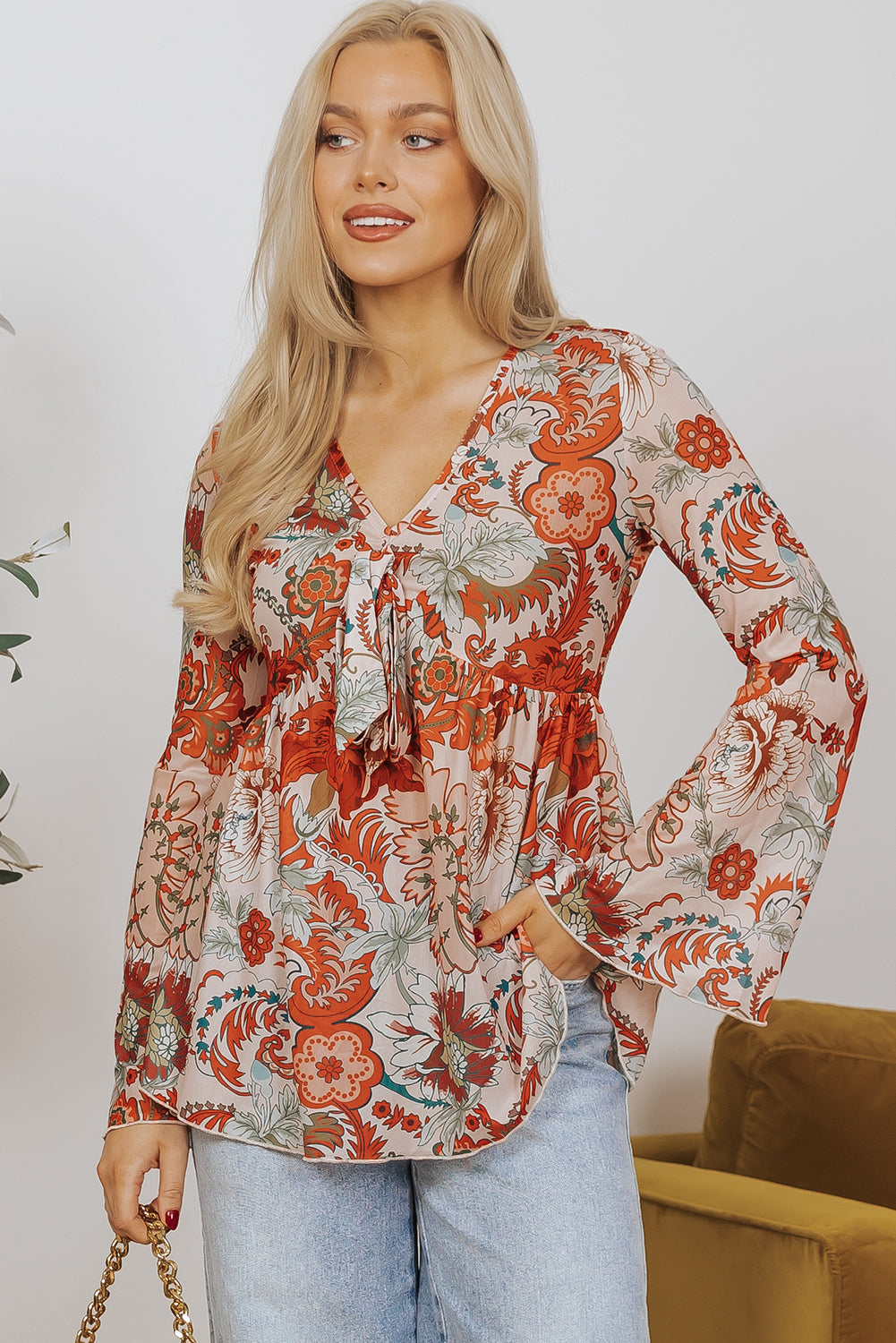 Orange Floral Print Deep V Neck Knot Bell Sleeve Blouse-Chaelisa's New Jammies