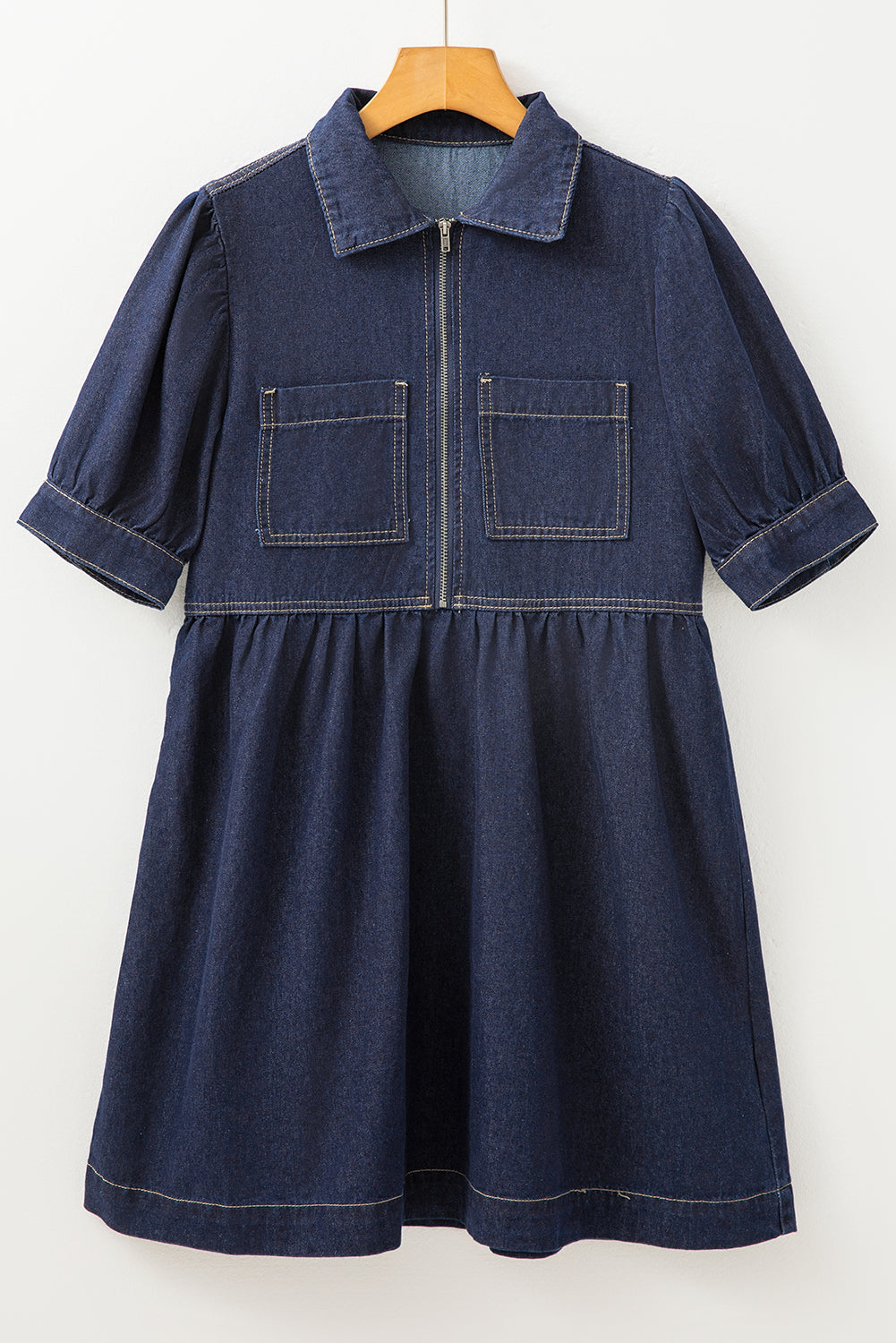Dirty blue Zipped up Bodice Collared Short Puff Sleeve Denim Dress-Chaelisa's New Jammies