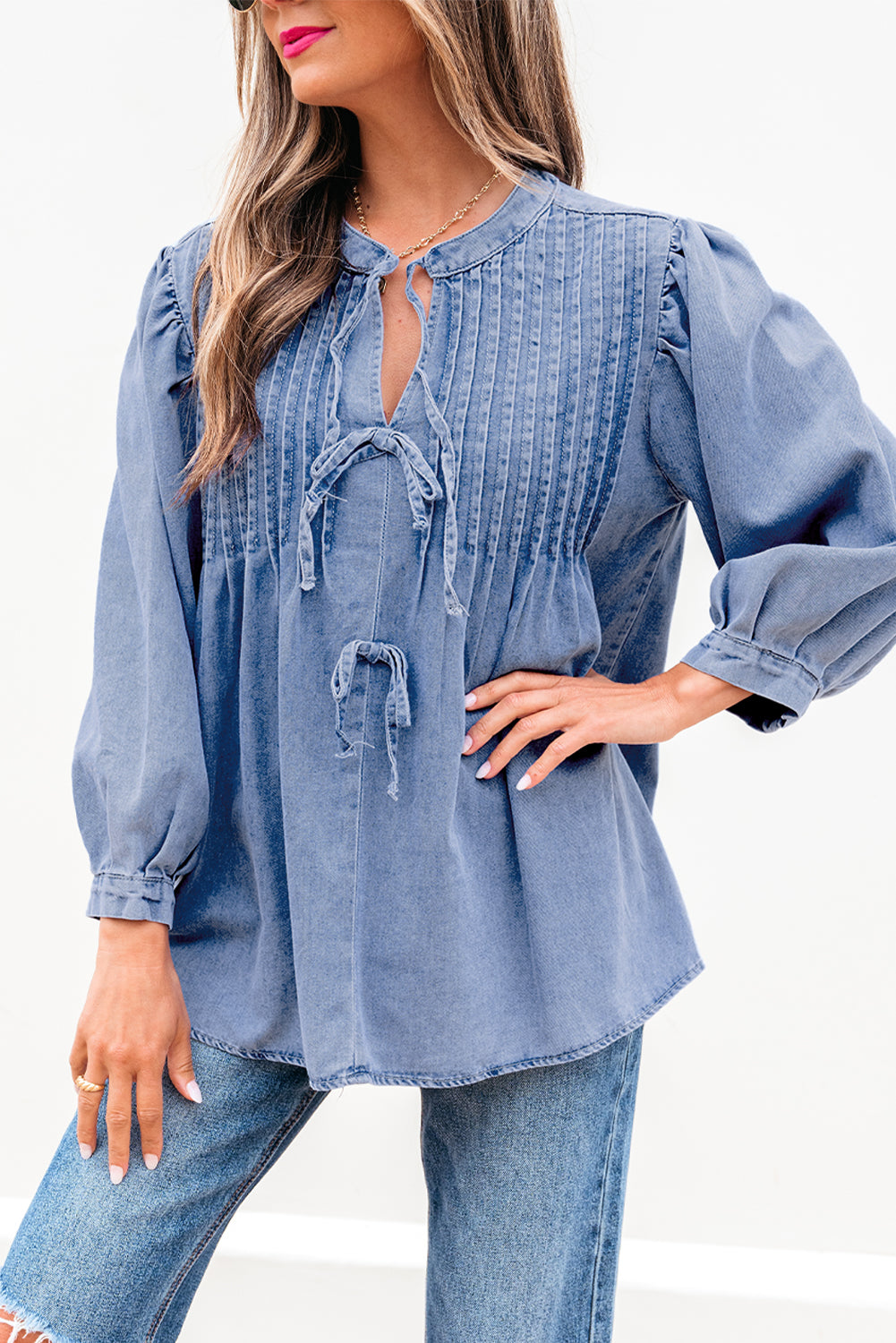 Myosotis Denim Front Pintuck Bow Tie Puff Sleeve Top-Chaelisa's New Jammies