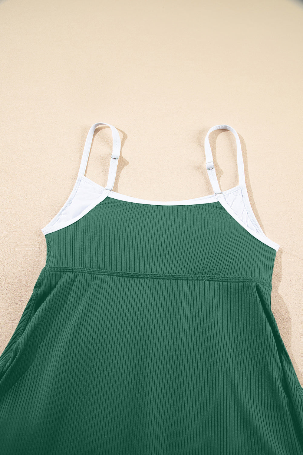 Blackish Green Color Block Edge Ribbed Pocketed Lined Swim Dress