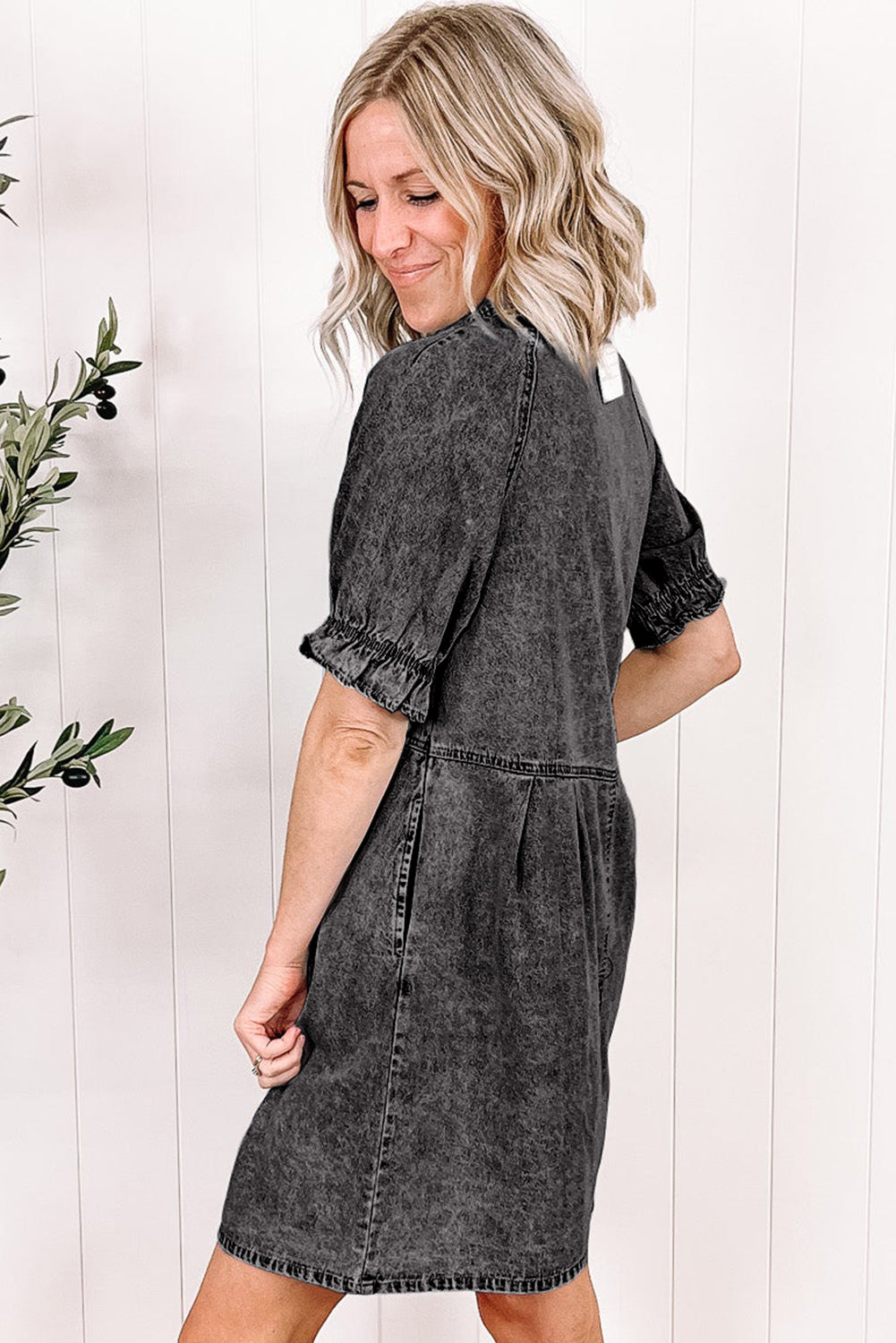 Medium Grey Mineral Wash Ruffled Short Sleeve Buttoned Denim Dress-Chaelisa's New Jammies