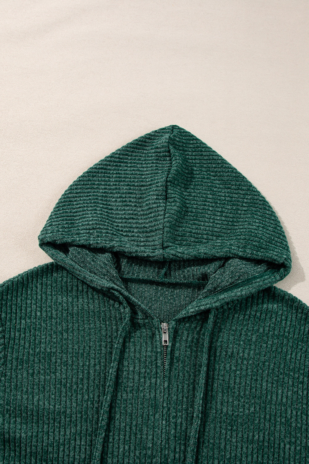 Evergreen Ribbed Zip Up Front Drawstring Hoodie-Chaelisa's New Jammies