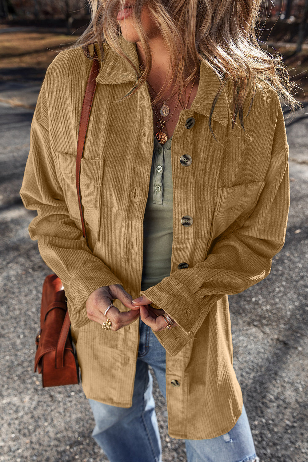 Light French Beige Patched Pocket Button Up Corduroy Shacket-Chaelisa's New Jammies