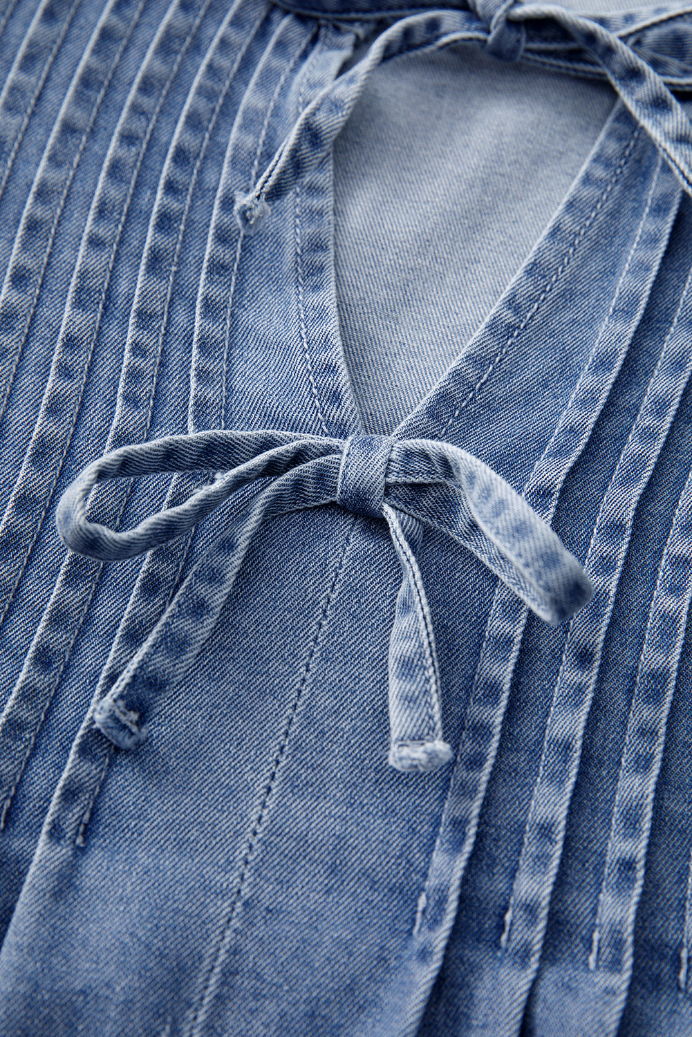 Myosotis Denim Front Pintuck Bow Tie Puff Sleeve Top-Chaelisa's New Jammies