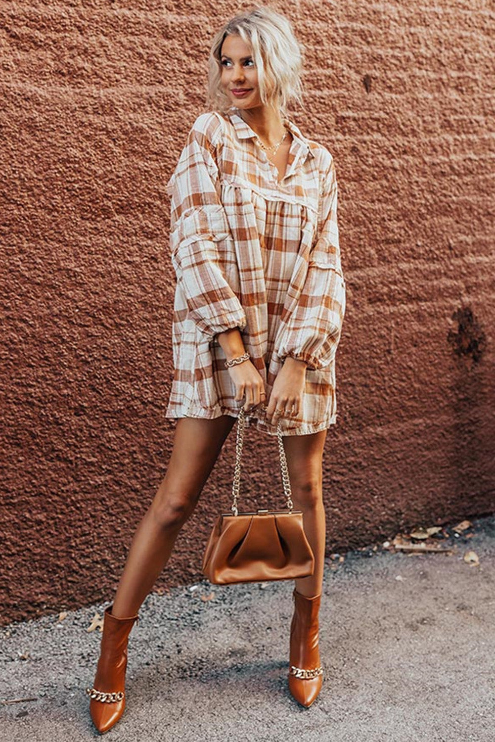 Brown Plaid Print Side Pockets Frilled Babydoll Mini Dress-Chaelisa's New Jammies