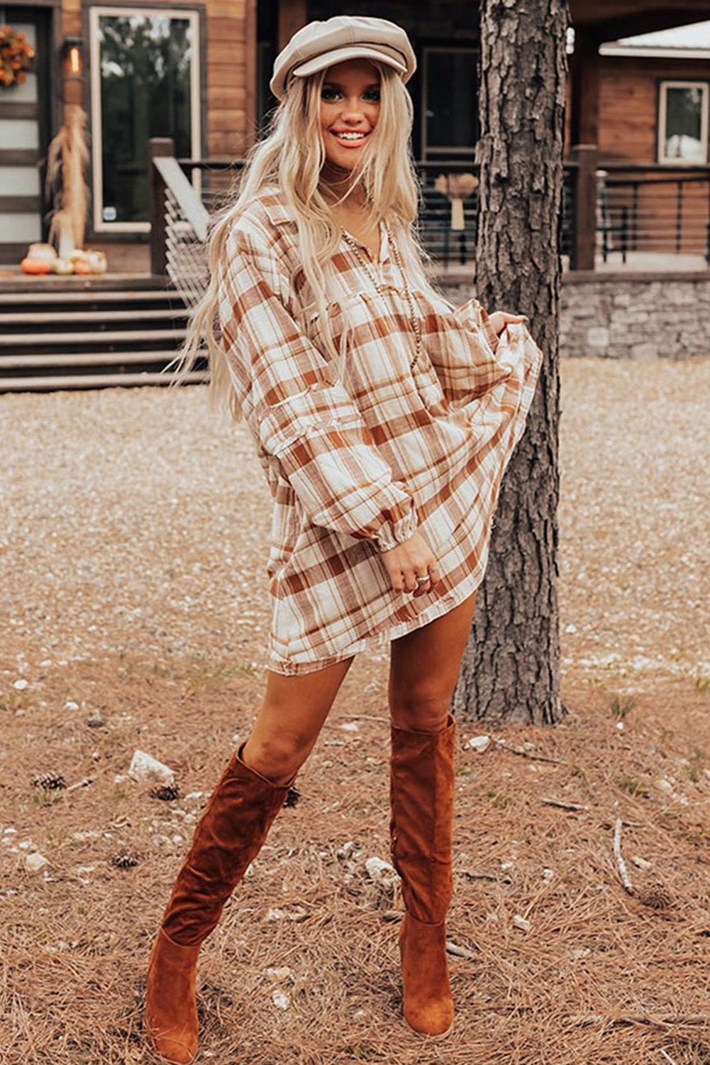 Brown Plaid Print Side Pockets Frilled Babydoll Mini Dress-Chaelisa's New Jammies