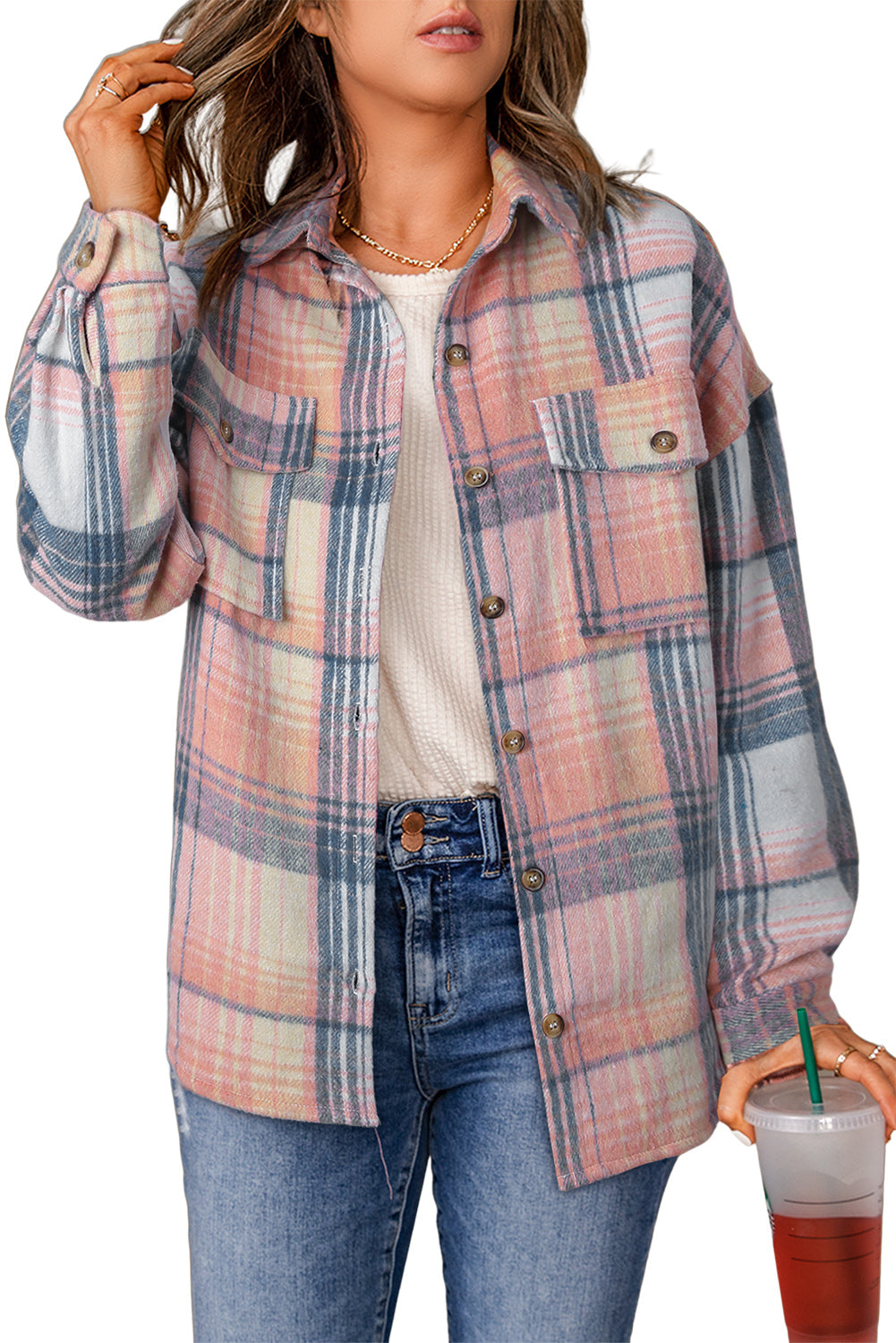 Pink & Grey Plaid Button Up Collared Flannel Shacket-Chaelisa's New Jammies