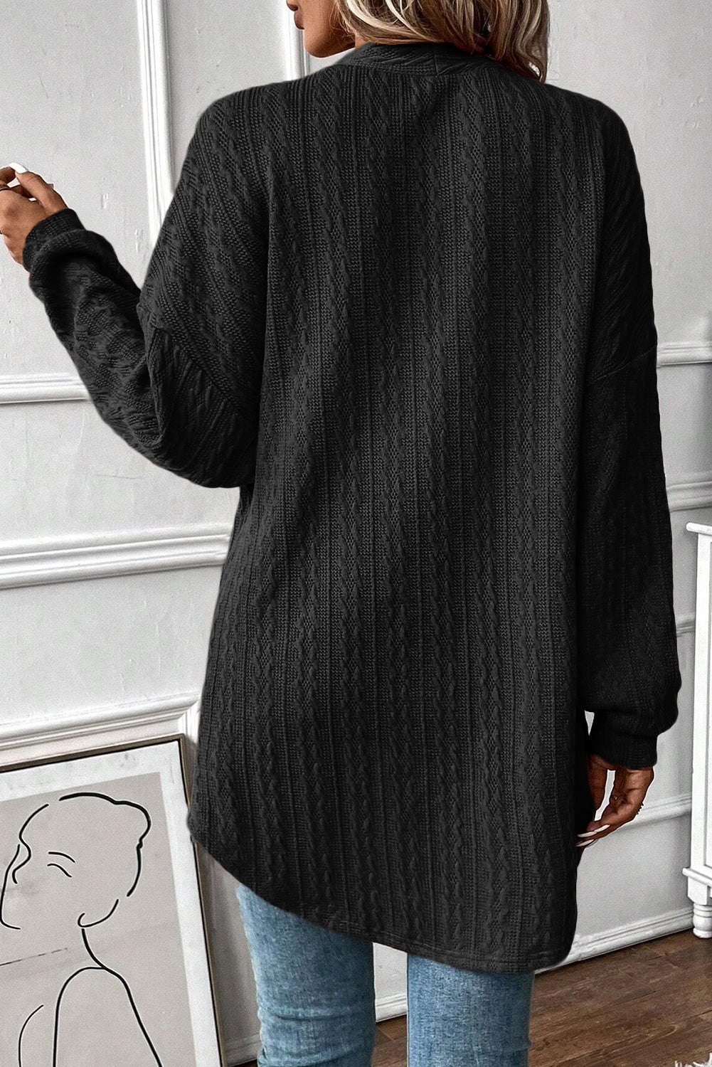 Black Textured Knit Side Pockets Open Front Cardigan-Chaelisa's New Jammies